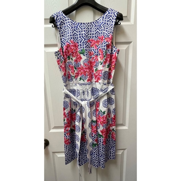 Talbots Women's Size 12P Floral Blue Grecian Tile Boatneck Fit and Flare Dress - Picture 2 of 13